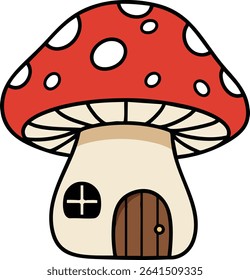 Illustration of a red cap mushroom house with a beige stem, wooden door, and small window. The design shows a whimsical fantasy style with bright colors, cheerful mood.