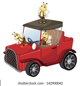 Illustration of a red car with bees on a white background