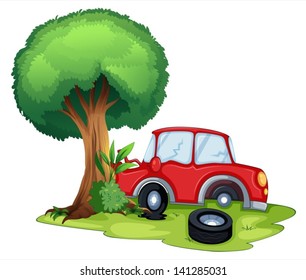 Illustration of a red car bumping on a tree on a white background