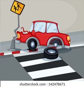 Illustration of a red car bumping the signage near the pedestrian lane