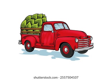 illustration of a red car carrying green hops