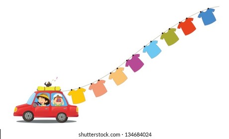 Illustration of a red car with hanging clothes on a white background