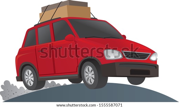 illustration of red car loaded with goods on a\
car’s roof -\
vector