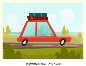 Illustration of a red car with luggage on the roof. Summer. Nature, trees, river. Background. Vector cartoon picture.