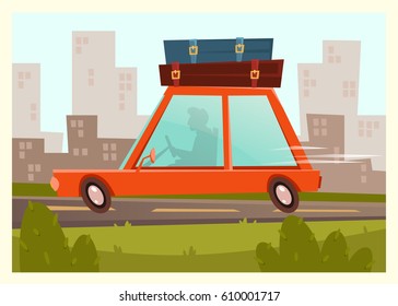 Illustration of a red car with luggage on the roof. Summer. Nature, trees, buildings. Background. Vector cartoon picture.