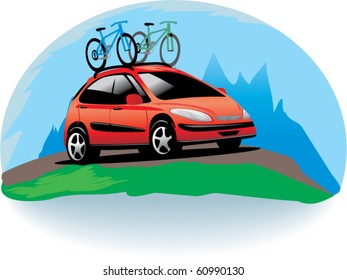 An illustration of red car with two bikes on mountain road