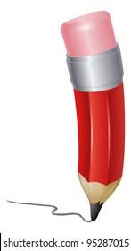 Illustration of a red cartoon pencil writing