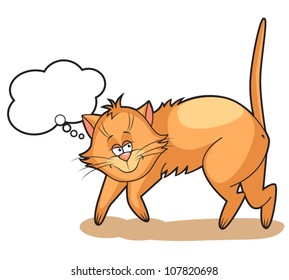 Illustration of Red Cat dreams. Cartoon Vector isolated scene.