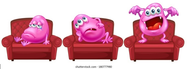 Illustration of the red chairs with pink monsters on a white background