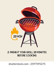 Illustration of a red charcoal grill with an open lid, showing heated grates. A flame icon with 20 min indicates preheating time. Beige background. Cooking preparation concept. Vector illustration