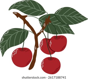 Illustration of Red Cherries and Green Leaves on a Tree Branch. Bright and vivid illustration showcasing ripe red cherries hanging on a branch with green leaves, representing freshness, nature