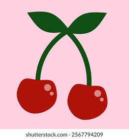Illustration of Red Cherries with stems and leaves. Prunus avium, wild cherry, sweet cherry.