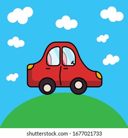 illustration of red children's car rides through the grass. sky and clouds