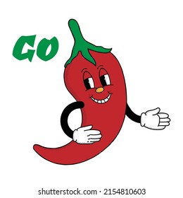 Illustration of red chili pepper in retro cartoon character with traffic signs, green light. go Sign
