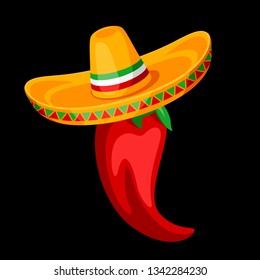 Illustration of red chili pepper in sombrero. Mexican traditional simbol.