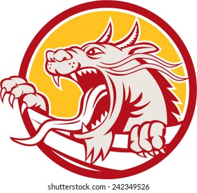 Illustration of a red chinese dragon head growling viewed from the side set inside circle on isolated background done in retro style. 