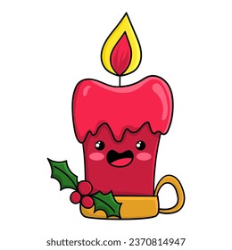 Illustration of a red Christmas candle with holly, kawaii style, graphic design for t-shirt