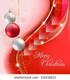 	Illustration of red Christmas holiday background with abstract elements and embellishments