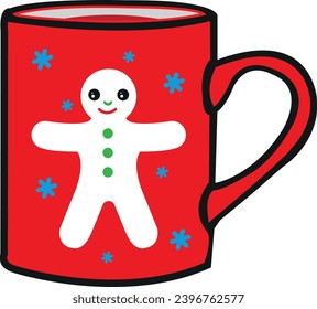 illustration of a red Christmas mug with a gingerbread man