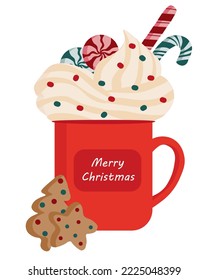 Illustration of red Christmas mug with whipped cream, lollipops, candy cane. Below are gingerbread cookies in the form of Christmas tree and star, decorated with sprinkles. Merry Christmas on the cup