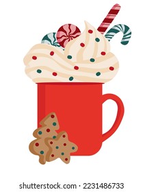 Illustration of red Christmas mug with whipped cream, lollipops, candy cane. Below are gingerbread cookies in the form of Christmas tree and star, decorated with sprinkles.