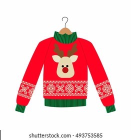 illustration of a red Christmas sweater with deer on the white background