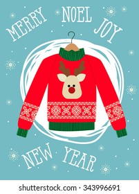 illustration of a red Christmas sweater with deer.Funny holiday background. Bright Christmas card.