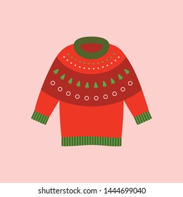 illustration of a red Christmas sweater on the pink background