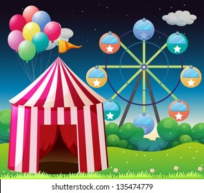 Illustration of a red circus tent with balloons