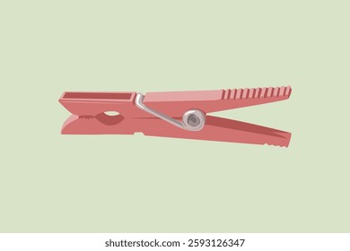 Illustration of a red clothespin on a light green background. The clothespin is red, simple, and isolated. Minimalist design with a red clothespin focus. Vector illustration.