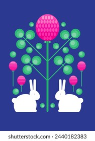 Illustration of the red clover flower and white bunnies in decorative style