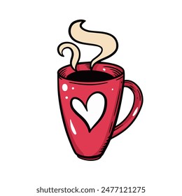 An illustration of a red coffee mug featuring a heart design and emitting steam on a white background