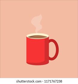 Illustration of red coffee mug with steam. Vector image of coffee cup. EPS10 compatible