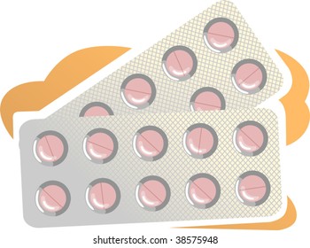 Illustration of red coloured tablets in white  stripe	