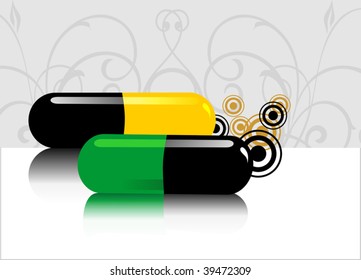 Illustration of red coloured tablets in yellow and green stripe	