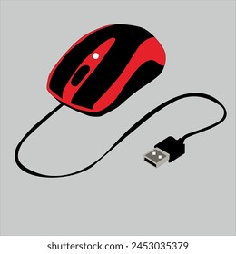 illustration of a red computer mouse with a black cable