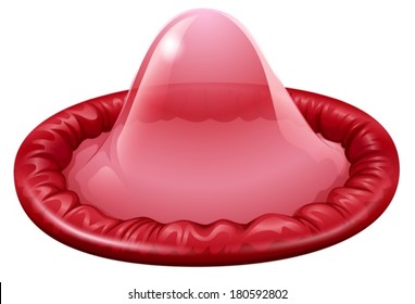 Illustration of a red condom on a white background