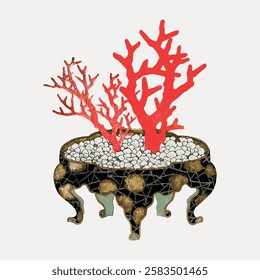 Illustration of red coral branches in a decorative pot. Coral art with vibrant red coral. Decorative pot with coral design.