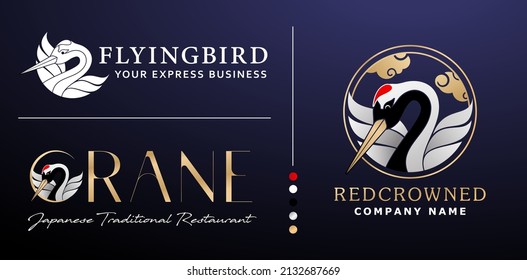 illustration of a red crowned crane bird logotype, applicable for business, company, corporate, restaurant, bistro, traditional food badge and symbol, e sport logo concept, team game or club, jewelry 