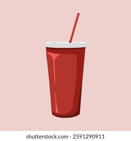 Illustration of a red cup with a straw on a pink background. The red cup is simple and modern. The straw complements the red cup's sleek design. Drink illustration vector.