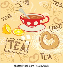 Illustration of Red cup of tea with lemon