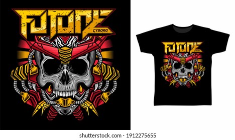 Illustration of red cyborg armor skull head detailed vector t-shirt design