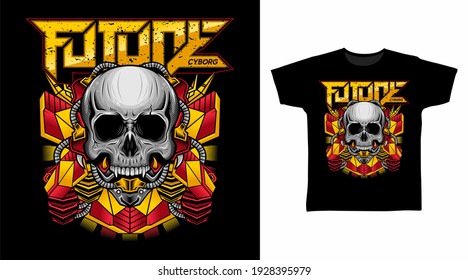 Illustration of red cyborg armor skull head detailed design vector t-shirt.