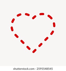 Illustration of a red, dashed heart outline on a white background. The heart shape is simple, with red dashes forming the heart outline. Minimalist heart design. Doodle illustration vector.