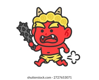 Ilustração de um demônio vermelho (cor de desenho de linha) correndo com um bastão de metal