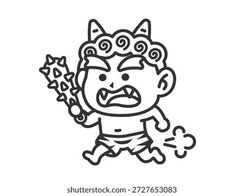 Ilustração de um demônio vermelho (desenho de linha) correndo com uma vara de ouro