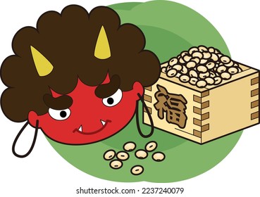 An illustration of a red demon mask and Setsubun beans. On Setsubun, a traditional Japanese event, people throw roasted beans to ward off demons. Vector illustration.