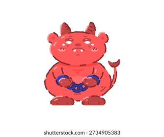 Illustration of a red devil child crying because his hands are handcuffed. The devil is caught and sad. He is getting punished for his crime. The demon character is cute and adorable. Flat outline crayon style. white Background