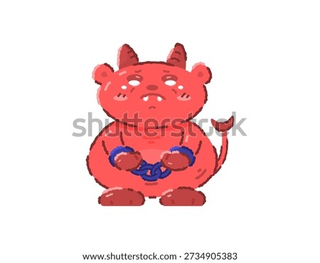 Illustration of a red devil child crying because his hands are handcuffed. The devil is caught and sad. He is getting punished for his crime. The demon character is cute and adorable. Flat outline crayon style. white Background
