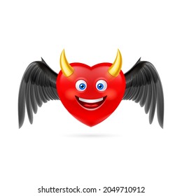 Illustration of Red Devil Heart Character with Black Wings and Golden Horns. Romantic Love Lovesickness Symbol. St Valentine Greeting Card Decor, or Marriage Anniversary.